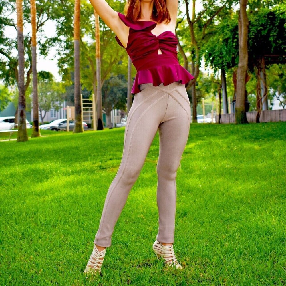 Herve Leger Beige/Taupe High-Waist Bandage Leggings